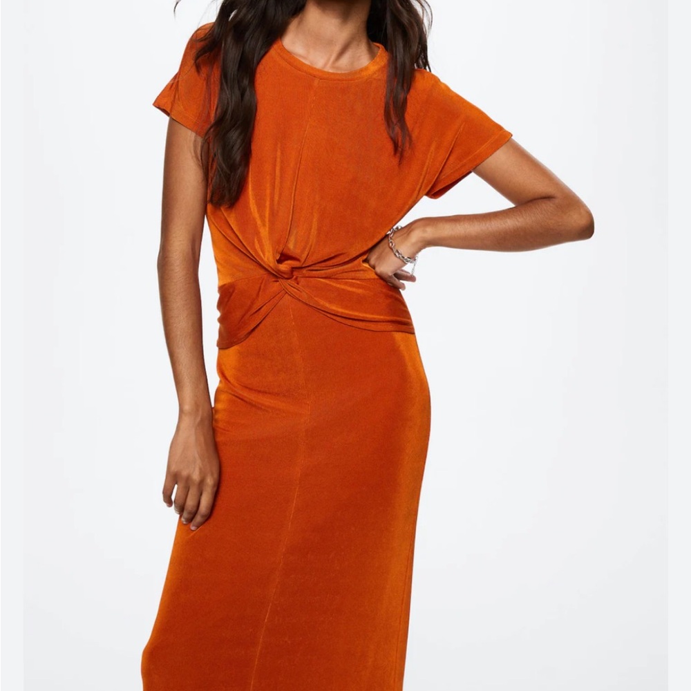 Mango Knot Detail Dress Orange